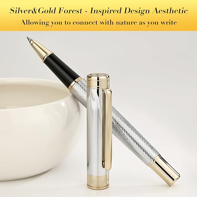 Silver Chrome Rollerball Pen, Stunning Luxury Pen with Mesh Texture Design、Silver Chrome Finish and 24K Gold Accents, Nice Gift Set for Men & Women, Business, Executive, Office, Fancy Pens