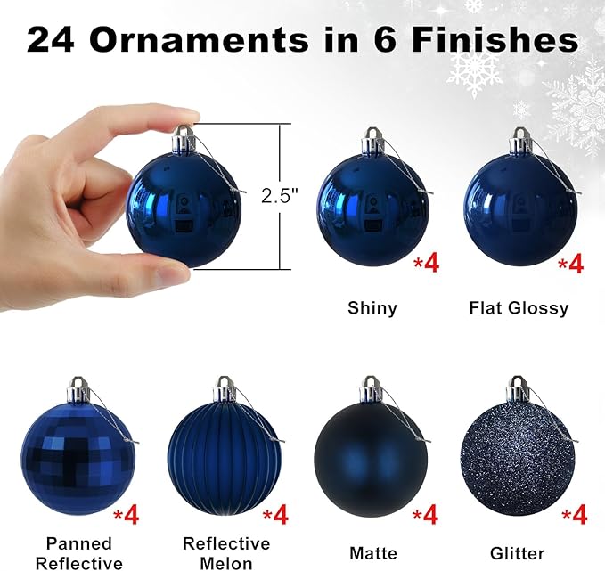 Navy Blue 2.5" Christmas Balls Christmas Tree Decoration Ornaments Shatterproof Hanging Balls for Birthday Halloween Holiday Wedding Decorations Set of 24pcs
