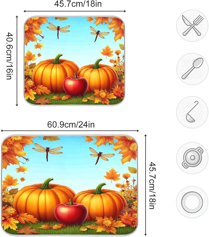Autumn Thanksgiving Day Pumpkins Maple Dish Drying Mat for Kitchen Counter 16 x 18 Inch Flowers Dragonfly Leaves Dry Dishes Pads Mats Absorbent Countertops Counter Tableware Mat Protector Home Decor