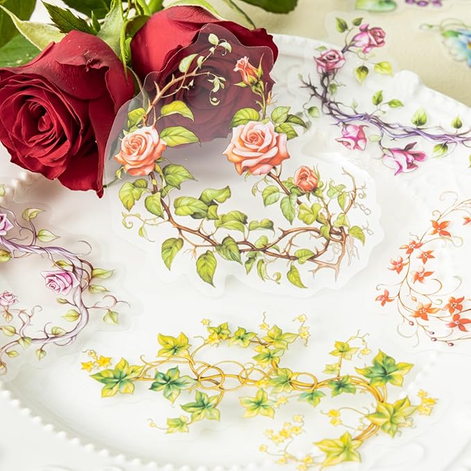 Floral Vine PET Stickers, 120 Pcs Large Botanical Ephemera for Scrapbooking, Journaling, DIY Crafting, and Art Supplies