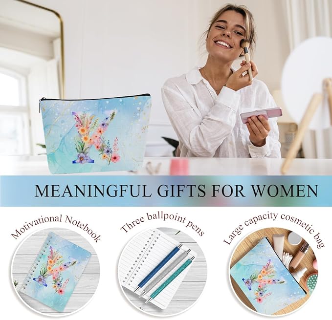 Personalized Gifts Monogrammed Birthday Gifts for Women, Soul Sister Bachelorette Party Wedding Christmas Initial 20 oz Tumbler, Makeup Bag Cup Pens Journal Notebook 6 Set, (Aesthetic Blue Flower K)