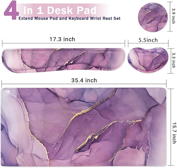 Large Keyboard Mouse Pad Set, Extended Mouse Pad+Keyboard Wrist Rest Support, Memory Foam Ergonomic Easy Typing, 4Pcs (35.4×15.7 in) Desk Pad Set for Home Office Study Game - Purple