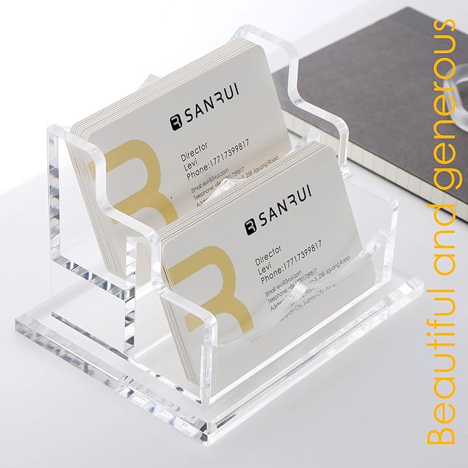 SANRUI Clear Horizontal Business Card Holder Stand for Desk, Acrylic Desktop Display Name Cards Holders Organizer Storage Rack,for Exhibition, Home , Office ,2 Tier 2 Pocket , 120 Card Capacity