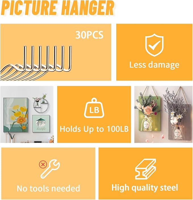 30pcs Aeneous Super Hook Picture Hangers and Office Pack, Drywall Hooks for Hanging Pictures, Wall Hooks, Picture Hangers, Picture Hanging Kit，Hang Art, Clock, Shelves, Mirrors