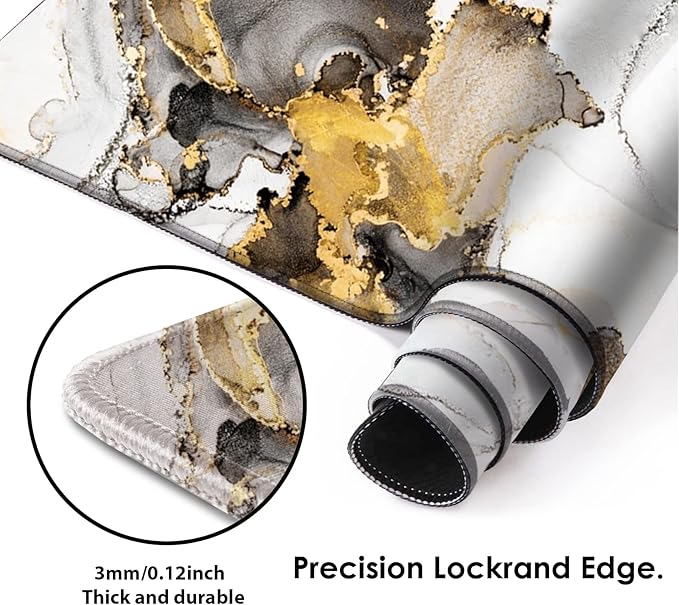 Galdas Large Mouse Pad XXL XL Large Mouse Pad Long Extended Mousepad Desk Pad Non-Slip Rubber Mice Pads Stitched Edges Thin Pad (31.5x11.8x0.12 Inch)-Ink White Gold Marble