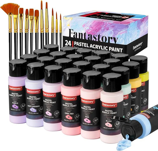 Fantastory Pastel Acrylic Paint Set+12 Brushes, 24 x 2oz Pastel Colors Art Craft Paint for Artists, Halloween Decorations, Canvas Ceramic Wood Rock Painting Supplies Kit [Professional Series]