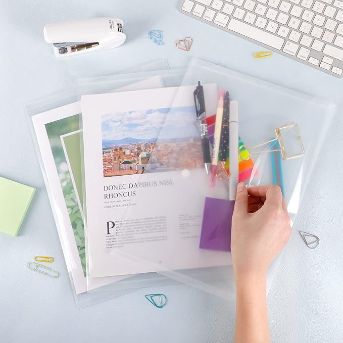 EOOUT 50pcs Plastic Envelopes with Button Snap Closure, Clear Poly Folders for Documents, Waterproof Plastic File Folder, Letter Size, A4 Size, for School and Office Supplies