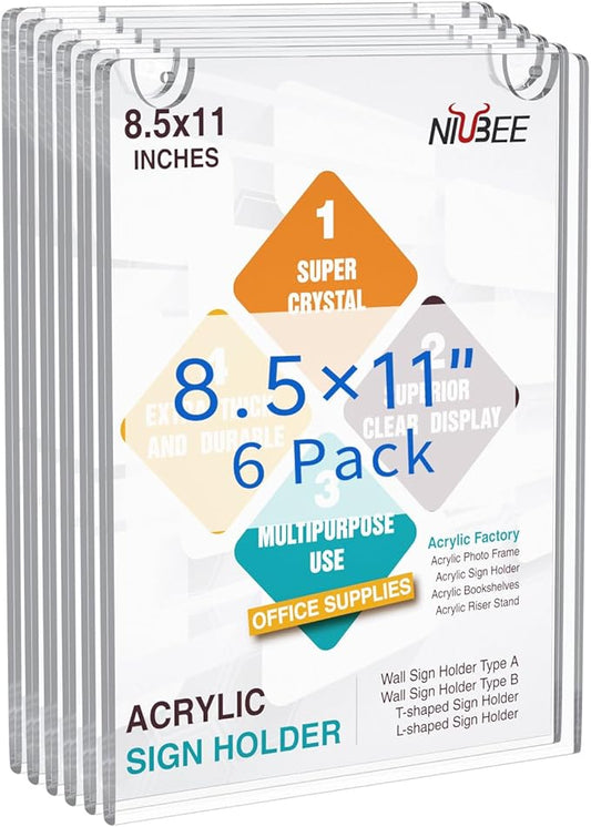 NIUBEE 30 Pack Acrylic Sign Holder 8.5 x 11 inches Clear Wall Mount Frame Bonus, Wall Mount Plastic Sign Holder Perfect for Home, Office, Store, Restaurant- Vertical