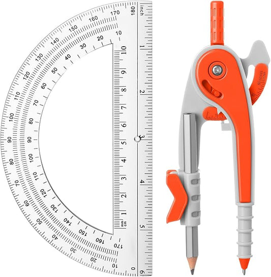 EBOOT Student Geometry Math Set, Drawing Compass and 6 Inch Clear Swing Arm Protractors 180 Degree Math Protractor(Watermelon Red)