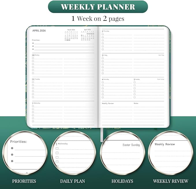 2026 Planner, 12 Month Weekly and Monthly Calendar 2026, Hardcover Daily Agenda Planners from Jan. to Dec, Habit Tracker Journal with Ribbon Bookmark 5.75" x 8.4"(Peacock Green)