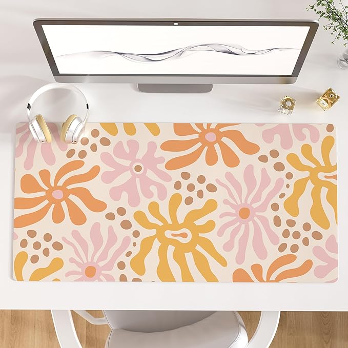 Colorful Star Large Mouse Pad, PU Leather Waterproof Desk Mat, Computer Gaming Mouse Pad, XXL Full Desk Mousepad Non Slip Desk Pad for School Office Home 31.5" x 15.7" - Wavy Flowers