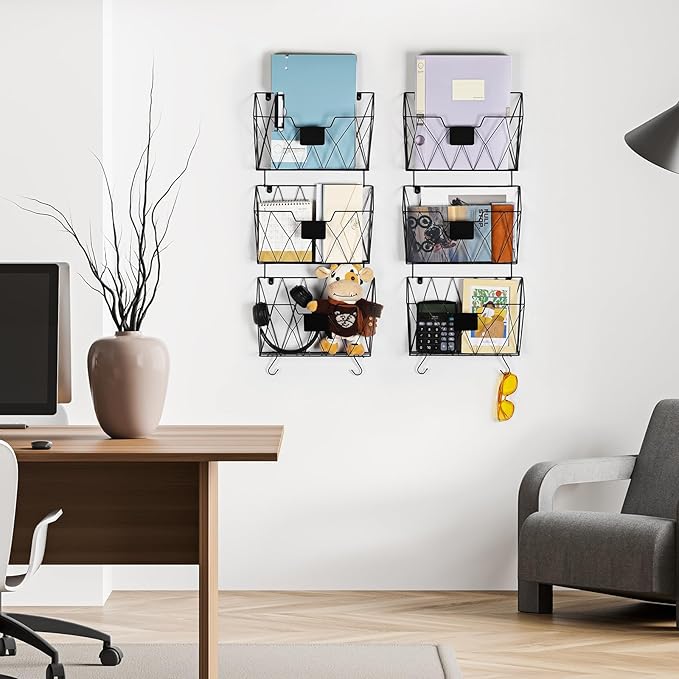Hanging File Holder Wall File Organizer Holder, 6 Pockets Wall Mount Vertical Magazine Rack with Hooks for Office Home, Black