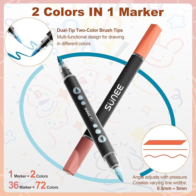 SUNEE 72 Colors Acrylic Paint Markers, 36 Pack Brush Tip Paint Pens with Automatic Ink Control System, Coloring Markers for Metal, Rock, Ceramic, Wood, Canvas, Glass, DIY Crafts Art Supplies Kit