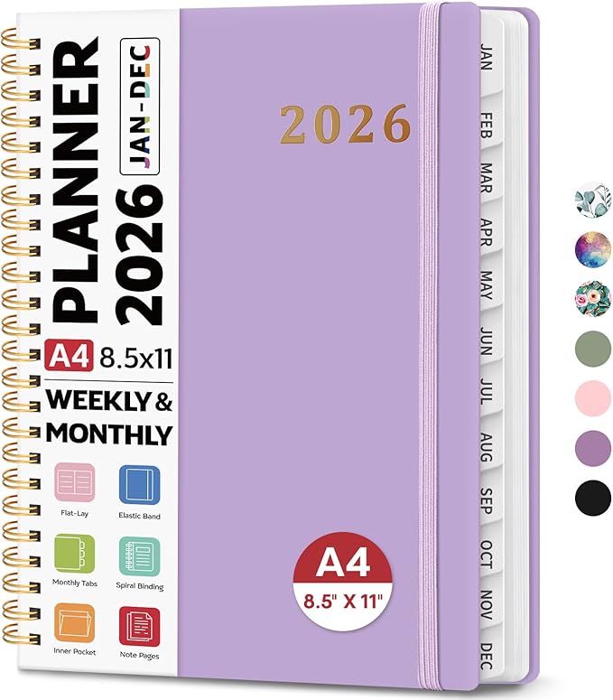 2026 Planner 8.5" x 11", Weekly and Monthly Calendar Planner Book, January 2026 - December 2026, Hardcover Spiral Planner with Monthly Tabs, Notes Pages, Perfect for Women & Men, A4 - Lavender