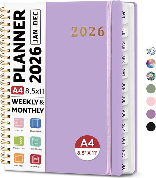 2026 Planner 8.5" x 11", Weekly and Monthly Calendar Planner Book, January 2026 - December 2026, Hardcover Spiral Planner with Monthly Tabs, Notes Pages, Perfect for Women & Men, A4 - Lavender