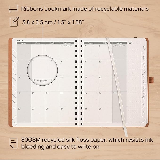 POPRUN 2026 Planner - 2026 Recycled Weekly Planner [Italian Regenrated Leather - Medium Size 6.5'' x 8.5''] - 2026 Weekly Planner with Hourly Schedule, Monthly Tabs-26-WERO7-BGY - Black Grey