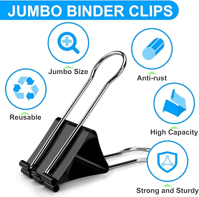 OWLKELA 2.4 inch Extra Jumbo Binder Clips 4 Pcs, Large Paper Clip, Big Paper Clamps, Binder Clips Large Size for Home, School and Office Supplies