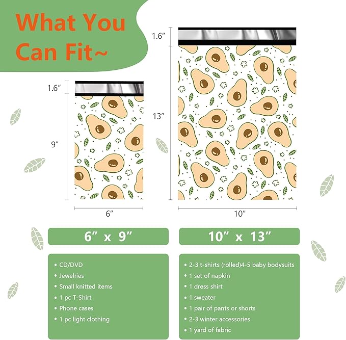 Poly Mailers 6x9 Inch 100 Pcs - Avocado printed Shipping Bags, 2.4mil Thickness, Waterproof and Tear Resistant Mailing Envelopes, Self-Sealing Packaging Bags for Small Business