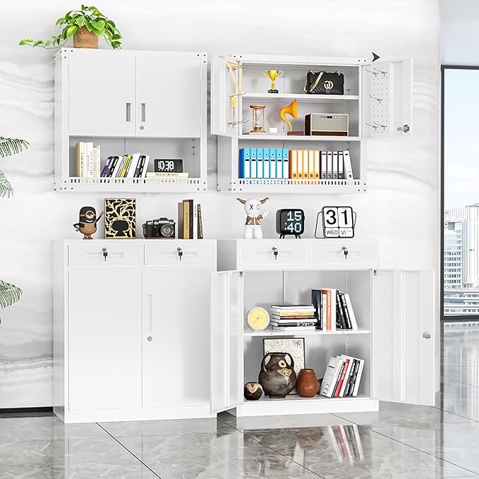 INTERGREAT Metal Cabinet with Drawers, Lockable Metal Storage Cabinets with Doors and Shelves for Garage, White Locking Garage Storage Cabinets 36"×32"×16"