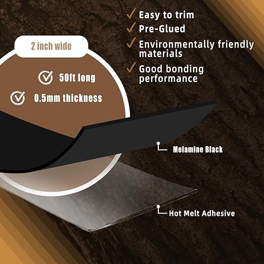 GSCIT Club Black Edge Banding, 2 inch x 50ft Melamine Edge Banding with Hot Melt Adhesive Preglued Cabinet Edge Banding Flexible Black Veneer Edging