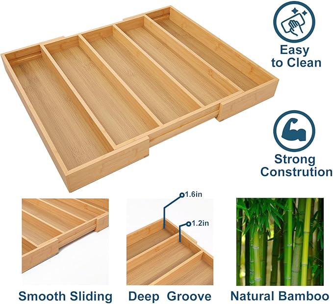 Expandable Kitchen Drawer Organizer,Bamboo Silverware Organizer,Adjustable Flatware Tray for Utensils(16.92 * 13.30~22.83 * 1.96)