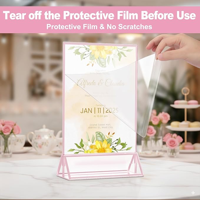 EHWINE 12 Pack Acrylic Sign Holder 5 x 7, Double-Sided Stand up Table Top Sign Holders, Pink Acrylic Picture Frame Menu Flyer Paper Holder Display Stand for Office Business Store Wedding Party