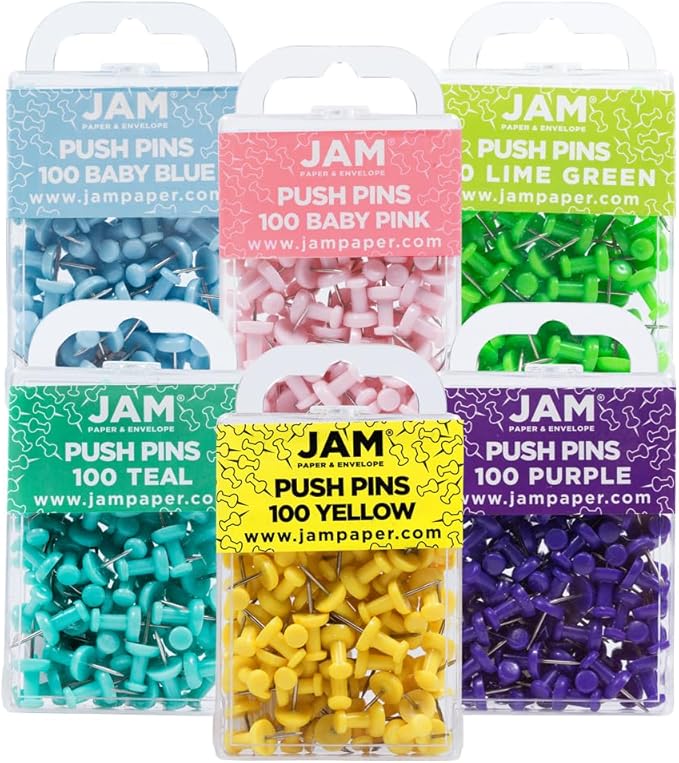 JAM PAPER Colorful Push Pins - Assorted Spring Colors Thumb Tacks - 600/Pack