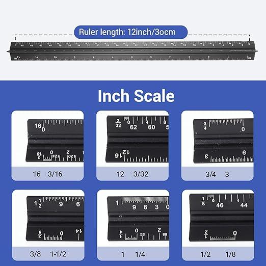 DIVINA VITAE 4pcs Architectural Scale Ruler, Aluminum, 12 Inch Imperial Engineering Scale Triangular Ruler for Architect, Civil Engineer, Draftsman