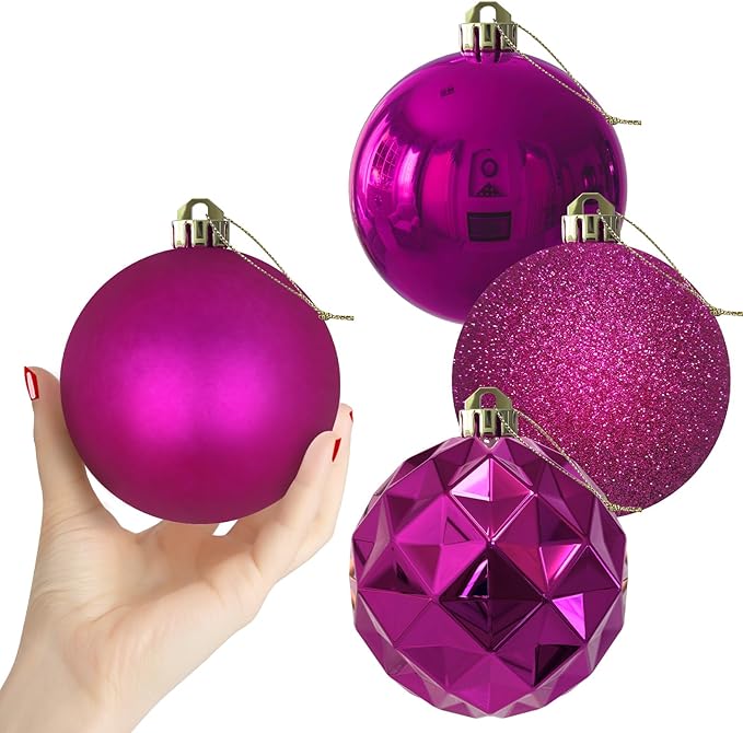 Fuchsia 4.0" Large Christmas Balls - Christmas Tree Decoration Ornaments Shatterproof Hanging Balls for Birthday Halloween Holiday Wedding Decorations Set of 4pcs