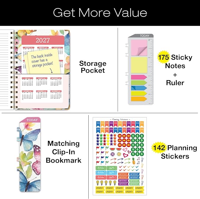 HARDCOVER 2026 Planner, 7"x9": 14 Months (November 2025 - December 2026), Daily Weekly Monthly Planner, Yearly Agenda, Bookmark, Pocket Folder and Sticky Note Set (Watercolor Butterflies)
