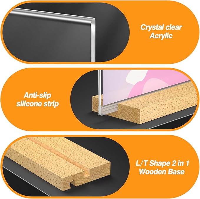 8.5 x 11 Acrylic Sign Holder with Wood Base - Tabletop Display Menu Stand - Clear Plastic L/T Shape Vertical or Slant Back Paper Holders - 6 pack