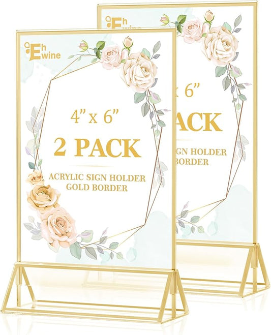 EHWINE 2 Pack Acrylic Sign Holder 4 x 6, Double Sided Gold Picture Frame Stand up Table Top Sign Holders, Clear Display Stand Menu Flyer Holder for Wedding Party