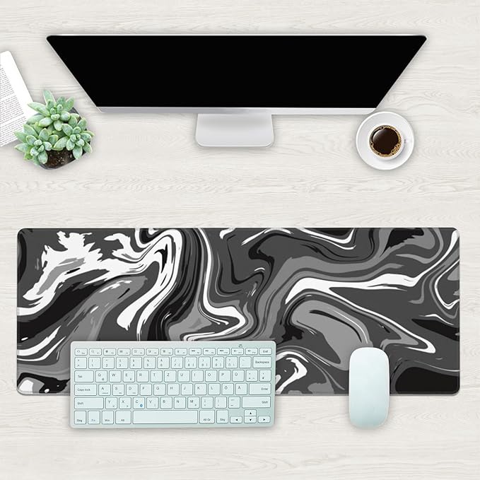 Desk Mat, Abstract Black White Ink Liquid Waves Extended Gaming Mouse Pad Large, 31.5"x11.8" Big Mouse Pad with Non-Slip Base and Stitched Edge, Long Computer Keyboard Mouse Mat for Home Office Work