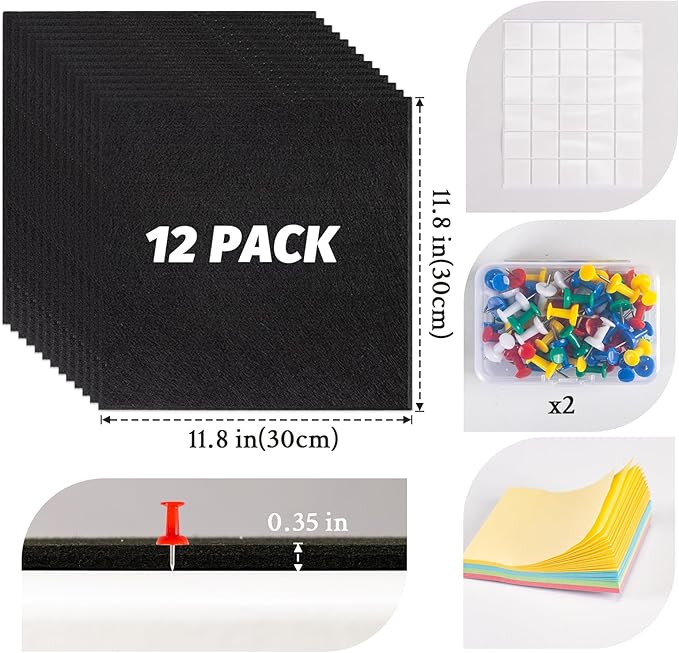 Large Cork Board Alternative, 12 Pack Felt Board with Safe Removable Adhesive Tabs Felt Wall Tiles, Large Cork Boards for Walls, Cork Board for Home Office, Pin Boards for Walls, Black
