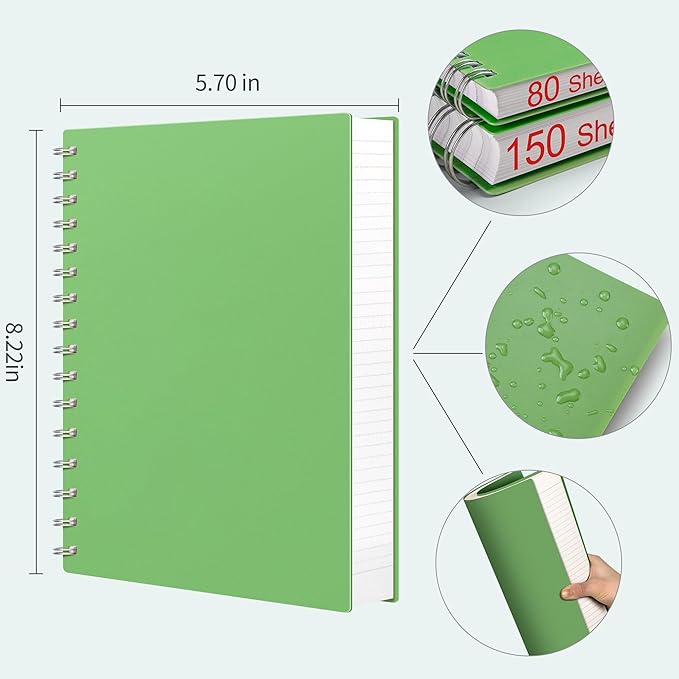 AHGXG Spiral Notebook - A5 Notebook College Ruled, Small 5.7" X 8.22", 300 Pages/150 Sheets Thick Notebook Journal, 100GSM Lined Paper, Plastic Hardcover, for Work Office School Writing Notes, Green