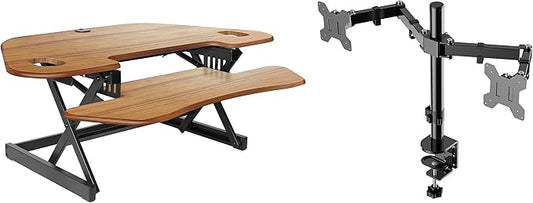 Rocelco 46" Height Adjustable Corner Standing Desk Converter with Dual Monitor Arm BUNDLE - Quick Sit Stand Up Computer Workstation Riser - Extra Large Keyboard Tray - Teak Wood Grain (R CADRT-46-DM2)