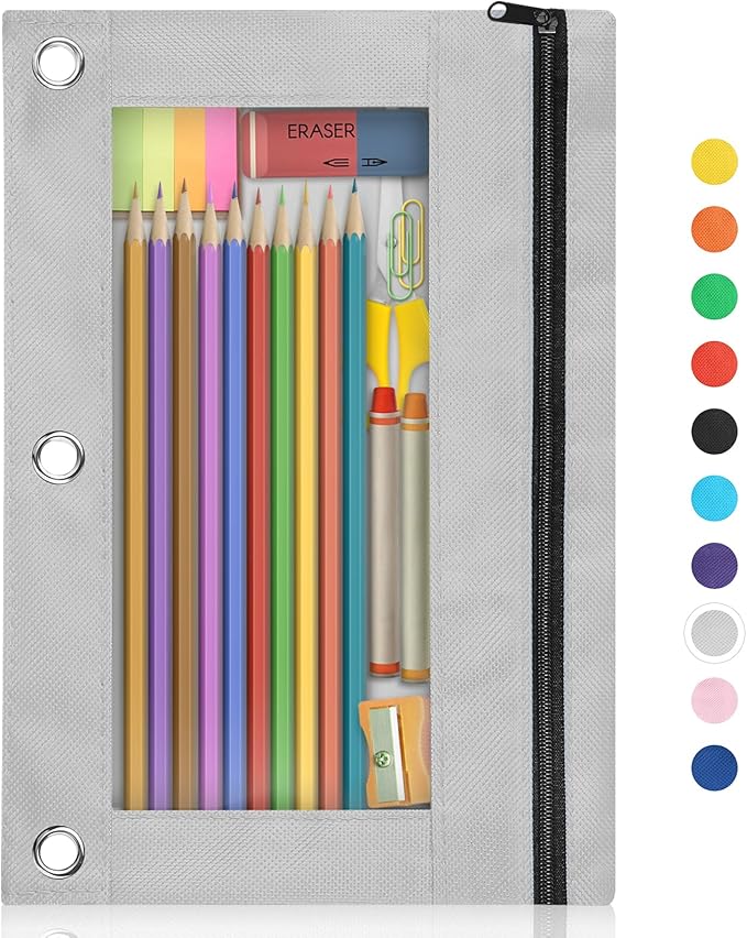 Shemira Pencil Pouch for 3 Ring Binder, Binder Pencil Pouch with Smooth Zipper, Clear Window Pencil Case for Binder, Zipper Pencil Pouches, Big Capacity 3 Ring Binder Pencil Bag, Grey