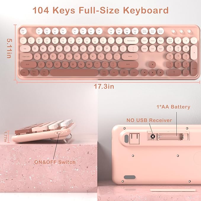 Colorful Wireless Keyboard and Mouse Combo, COVEVA 2.4GHz Wireless Retro Cute Round Keycaps Keyboard, 104 Keys Full-Sized Keyboard Mouse Set with Switch Button for PC Laptop Desktop (Rose Gradient)