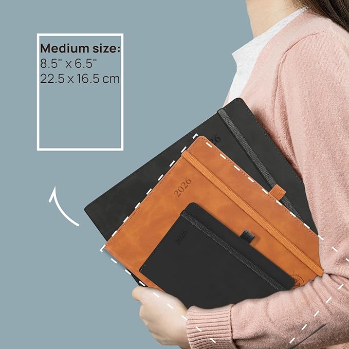 POPRUN Weekly Planner 2026 (Medium 6.5" x 8.5") Calendar 12 Months Notebook with Horizontal Layout, Leather Soft Cover, Monthly Tabs, Inner Pocket, 100GSM Thick Paper, Pen Holder - Petrol Green