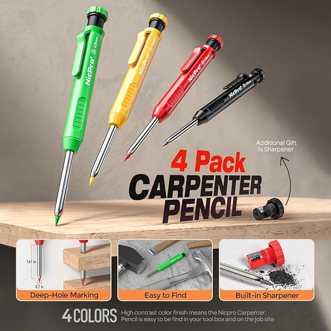 Nicpro 4 Pack Carpenter Pencils with Sharpener, Construction Mechanical Pencil Set with 52 Refills, Heavy Duty Working Tools, Long Nib Marker Pens for Architect Marking (Red, Black, Yellow, Green)