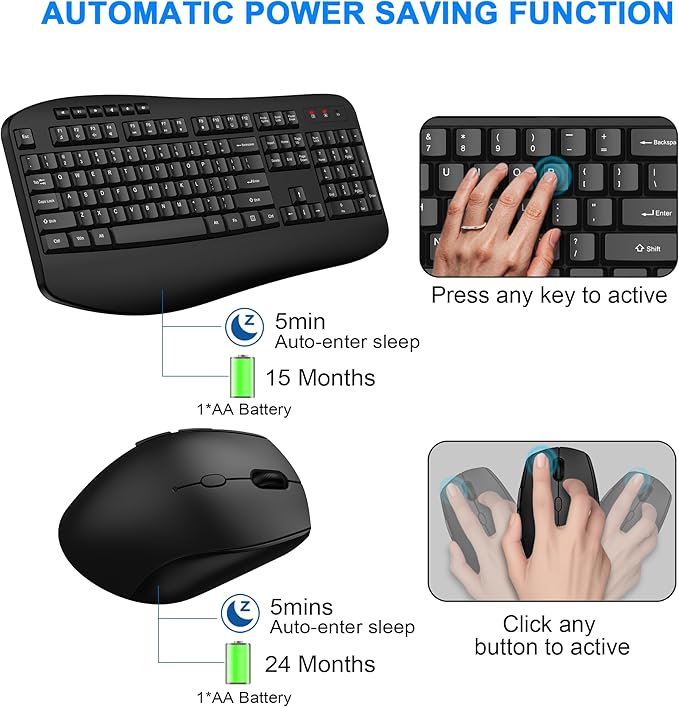 Wireless Keyboard and Mouse Combo, EDJO 2.4G Full-Sized Ergonomic Computer Keyboard with Wrist Rest and 3 Level DPI Adjustable Wireless Mouse for Windows, Mac OS Desktop/Laptop/PC（Classic Black）