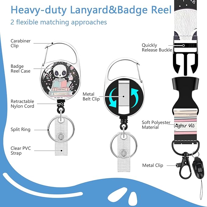 Cute Skull Reading Badge Holder Reel Lanyard,ID Card Badge Holder Retractable Name Tag Clips for Doctor Nurse Teacher Office Student