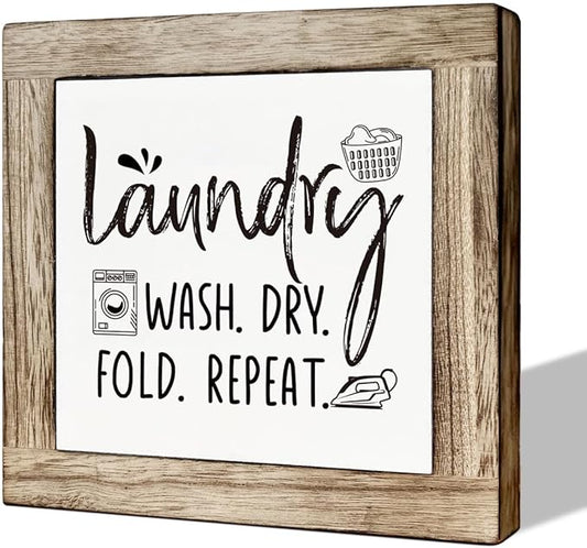 Laundry Room Decor, Laundry Steps Sign, Wash Dry Fold Repeat Sign, Wooden Box Signs for Home Decor, Farmhouse Wood Plaque Sign, Laundry Room Shelf Decoration, Country Style Wood Block Laundry Sign