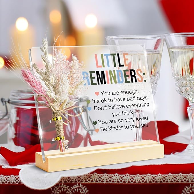 Inspirational Motivational Gifts Little Reminders You are Enough Clear Desk Decorative Sign, Bouquet Acrylic Sign With Wooden Stand for Office Desk Table Shelf