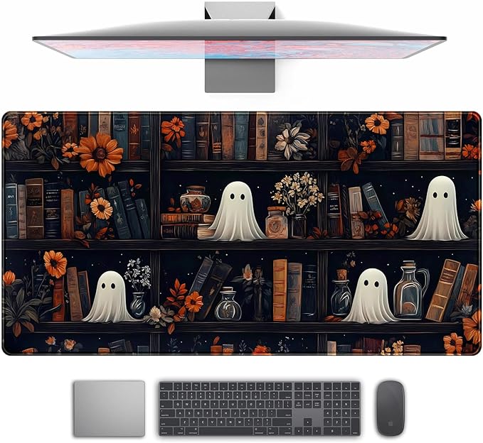 Cute Ghost Desk Mat Dark Vintage Large Mouse Pad Gaming Black Mouse Pad XXL Large Gaming Mousepad Desk Mat for Desktop Office Computer Laptop Keyboard and Mouse Mat - 31.5 X 15.7 in Desktop Protector