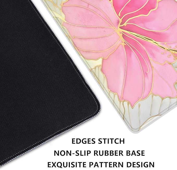 Abstract Floral Mouse Pad Desk Mat,Pink and Gold Extended Gaming Mouse Pad with Stitched Edges,Non-Slip Waterproof Rubber Base for Office,Computer,Keyboard,Laptop and Home Desk Pad(27.5X11.8 in)