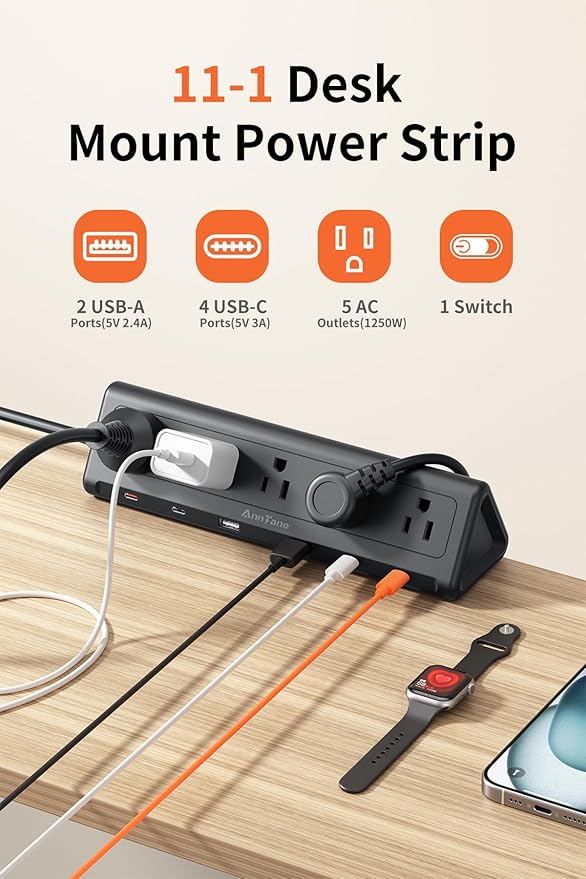 6.5 FT Desk Clamp Power Strip with 5 AC Outlets & 6 USB Ports PD 40W USB-C Fast Charging, 1250J Surge Protector, Fits 2.6 in top Edge Black