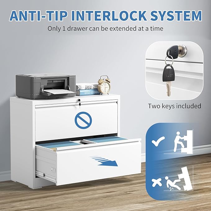 File Cabinets 2 Drawer, Metal Office Storage Filing Cabinet with Lock, White Lateral Filing Cabinet for Home Office,Horizontal Two Drawer File Cabinets for Legal/Letter,Assembly Require,White