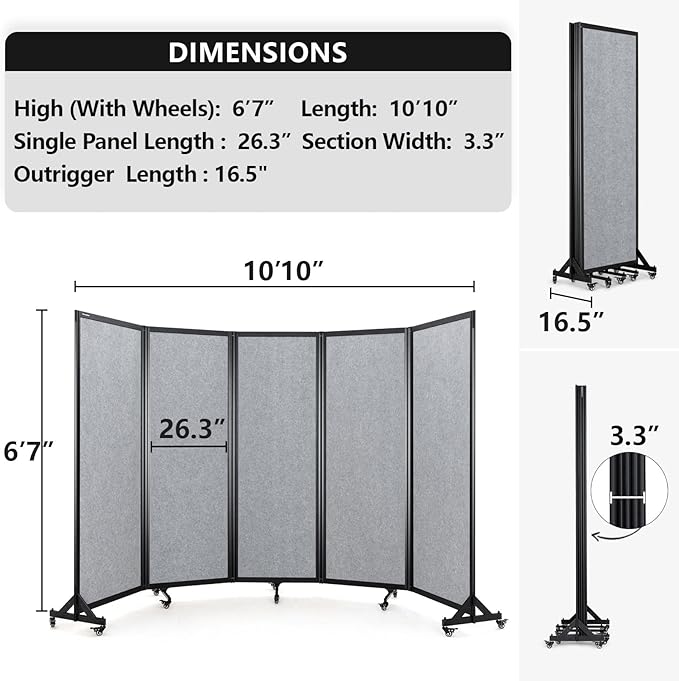 Room Partition,Folding Privacy Divider,Office Partition Dividers,Office Dividers Wall, 10'6"W x 6'7"H,Light Grey