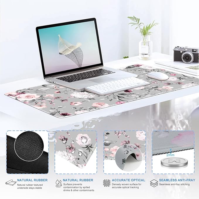 iCasso Large Mouse Pad Wrist Support Set, 4in1 XXL Big Mousepad + Keyboard Wrist Rest + Mouse Wrist Rest + Coaster Set with Ergonomic Design Gaming Mat for Home Office Table Computer - Pink Floral